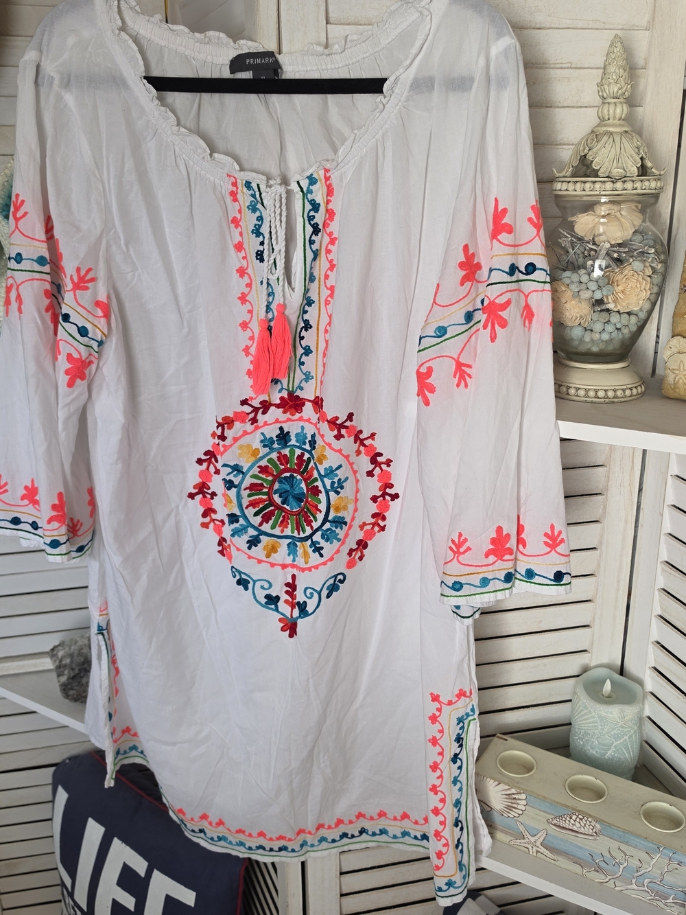 Primark White Tunic Neon Pink & Teal Embroidery & Tassles SZ XL Boho, Festival